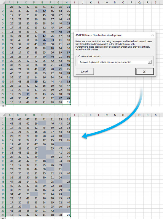 Quickly remove the duplicated values per row in your selection