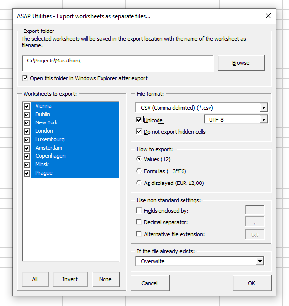 Export multiple sheets at once in UTF-8 format