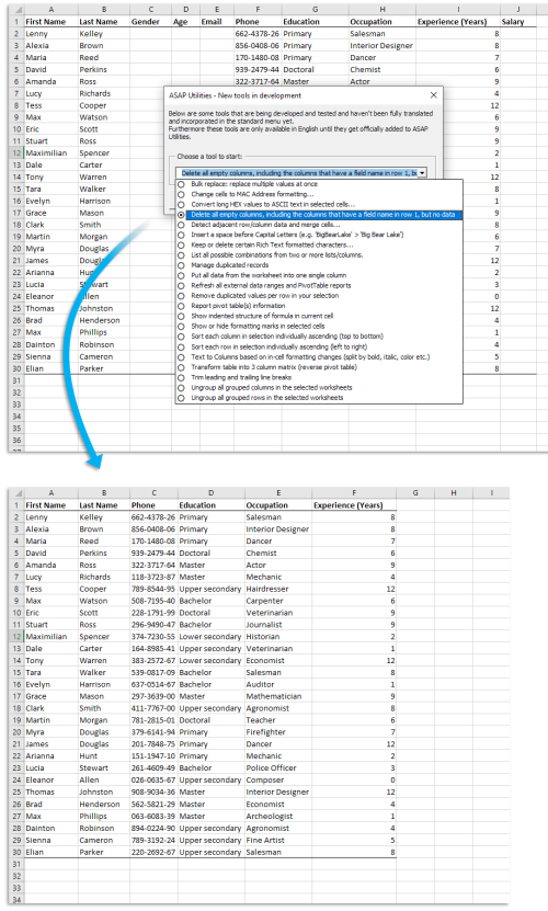 Delete all empty columns, including the columns that have a field name in row 1, but no data