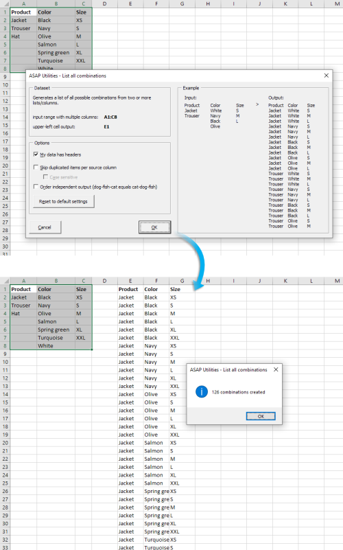 List all possible combinations from two or more columns