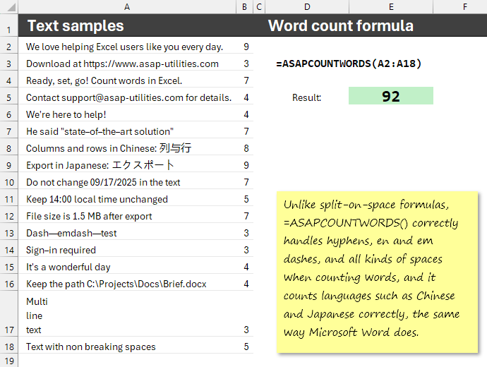 Example: Count words in Excel with =ASAPCOUNTWORDS(A2:A18)