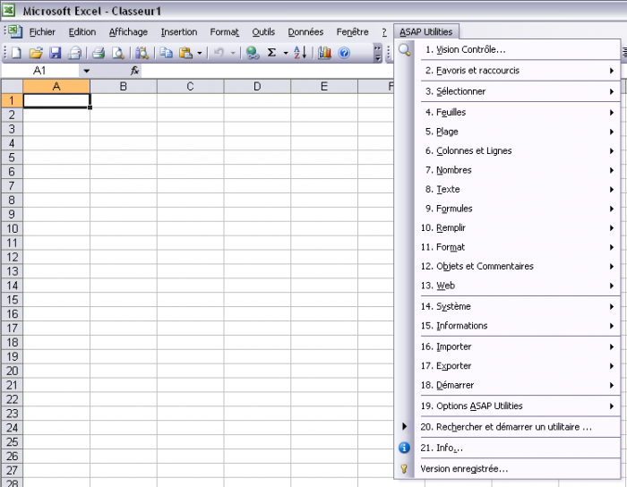 French Excel 2000, 2002/XP or 2003 with the new ASAP Utilities in its menu