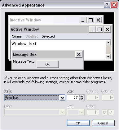 Display Properties advanced appearance scrollbar